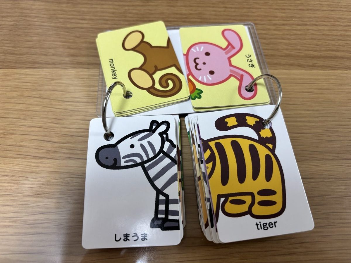 穴あけパンチで穴を開けてリングで留めた、絵合わせカード